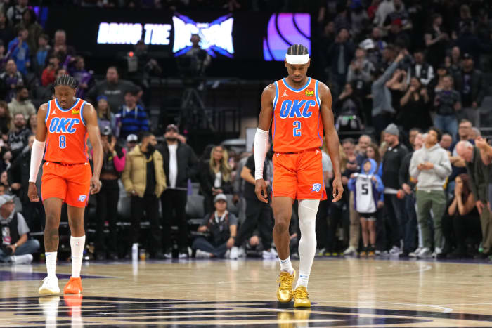 Dec 14, 2023; Sacramento, California, USA; Oklahoma City Thunder guard Shai Gilgeous-Alexander (2) walks to the bench during the fourth quarter against the Sacramento Kings at Golden 1 Center.